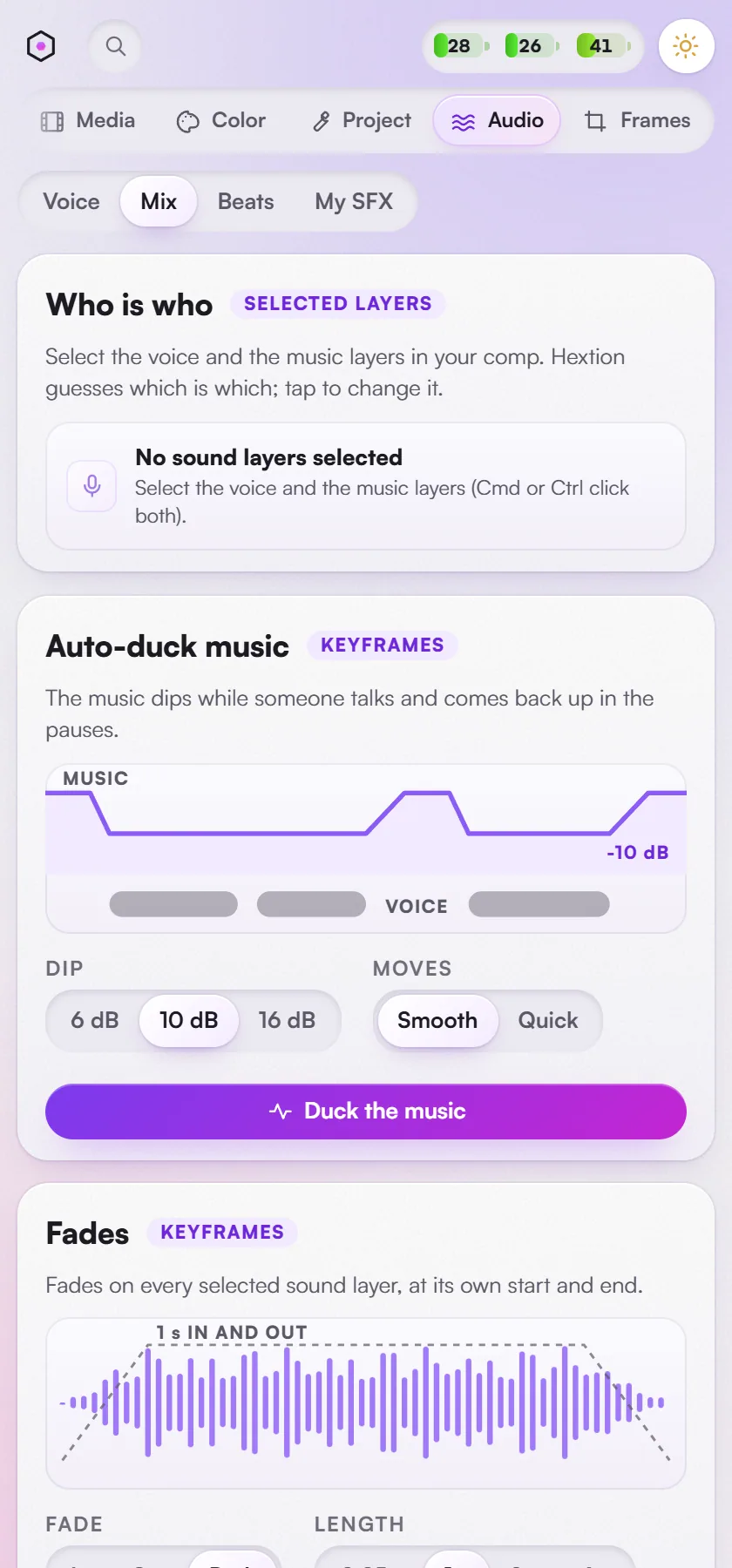 Audio > Mix: duck the music under the voice, add fades and match loudness.