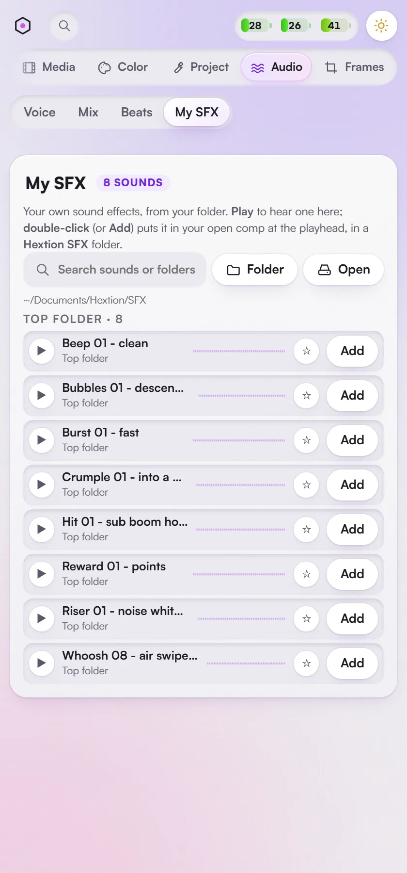 Audio > My SFX: your own sound effects with waveforms, ready to drop on the timeline.