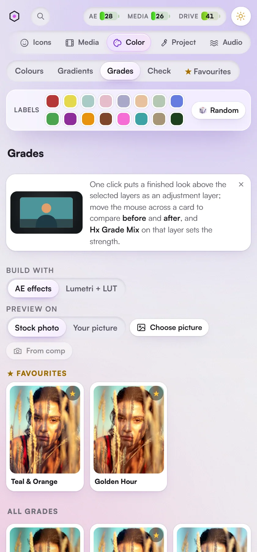 Color > Grades: 22 colour grades previewed on a photo, each with a matching LUT.