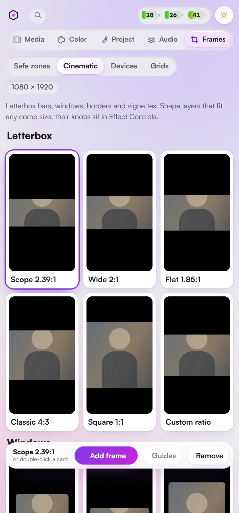 Frames > Cinematic: letterbox bars, windows, split stacks, borders and vignettes.