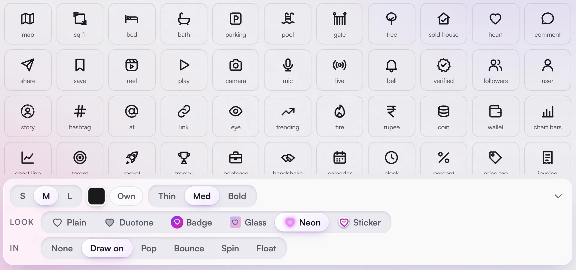 Icons: the icon grid with the Add options over it: size, colour, stroke weight, six looks (Plain, Duotone, Badge, Glass, Neon, Sticker) and the entrance.