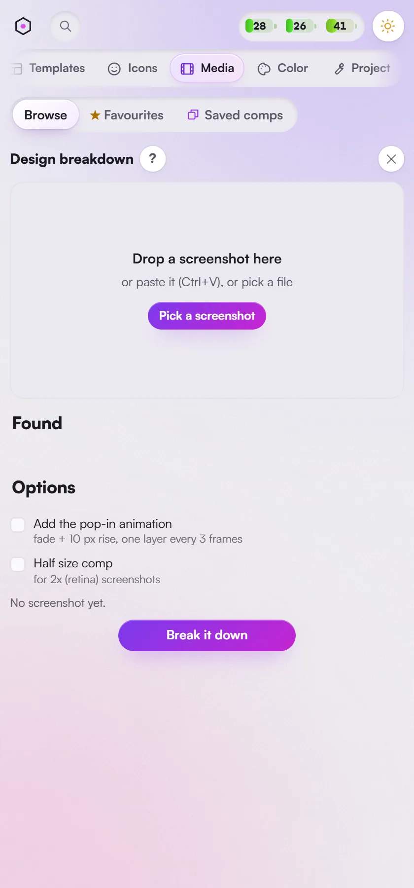 Media > Design breakdown: drop in a screenshot and get its text, shapes and pictures as separate layers.
