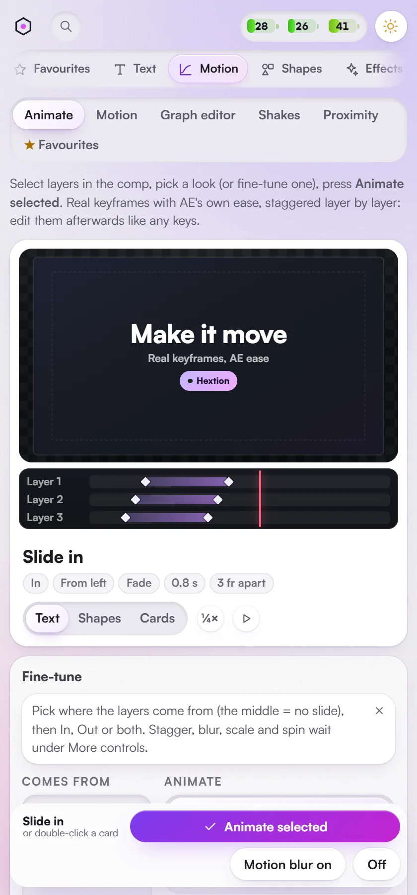 Motion > Animate: 20 entrances in Clean, Bouncy, Punchy and Soft for text, shapes or cards.