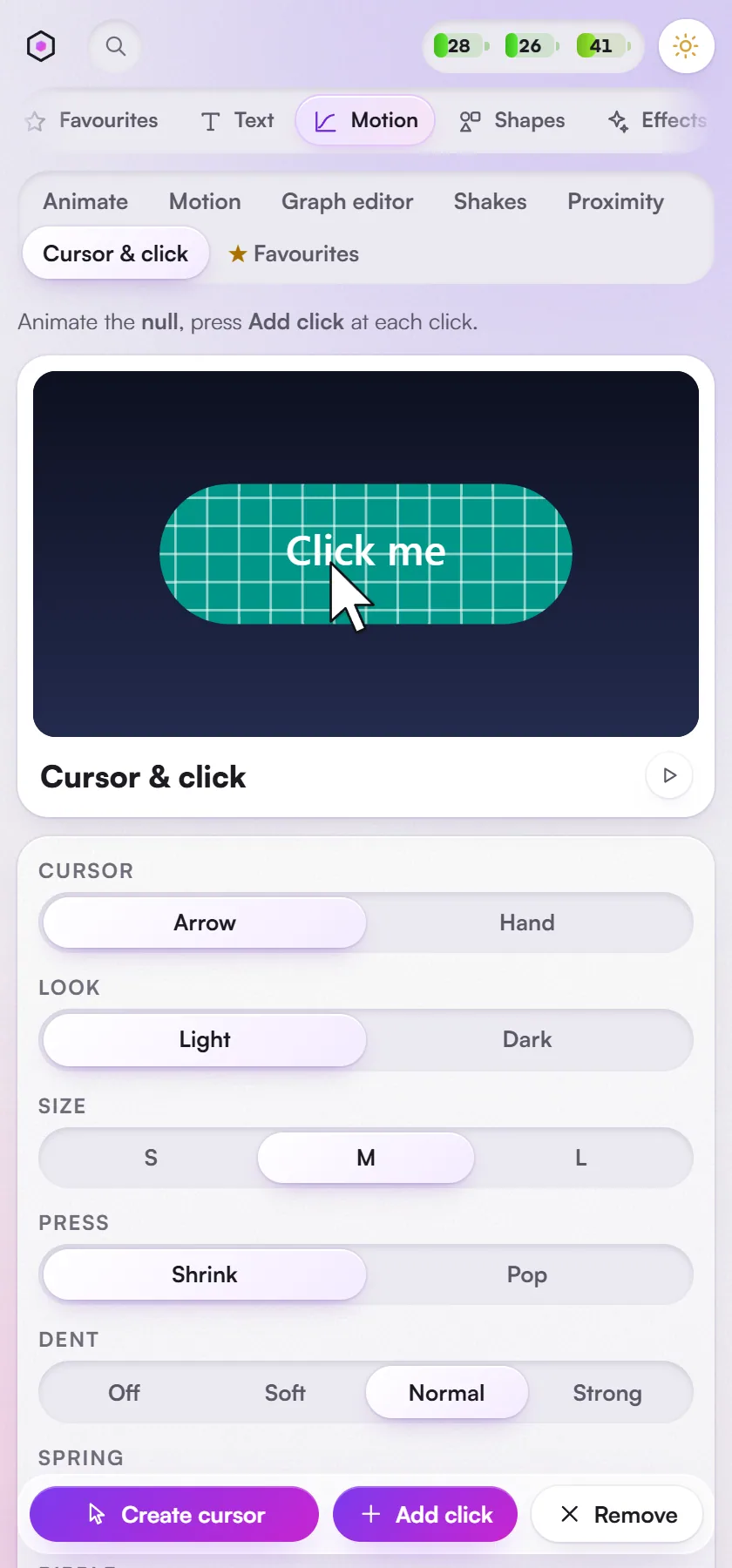 Motion > Cursor & click: a cursor on a null, with a click dent you can preview.