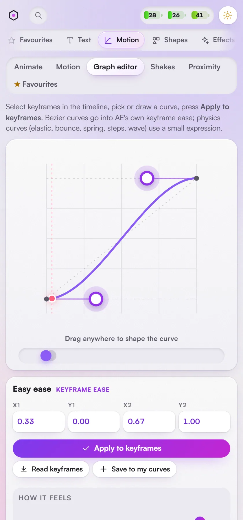 Motion > Graph editor: a large Bezier curve editor with 34 preset curves and physics curves.
