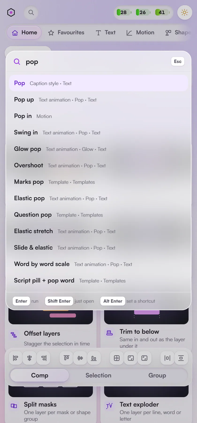 Search Hextion: typing "pop" lists matching text animations, curves and templates, colour-coded by kind.