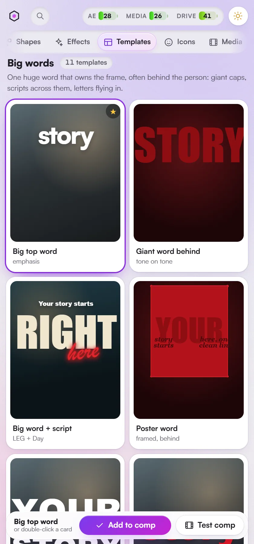 Templates, the Big words shelf: animated text template cards, each on its final frame.