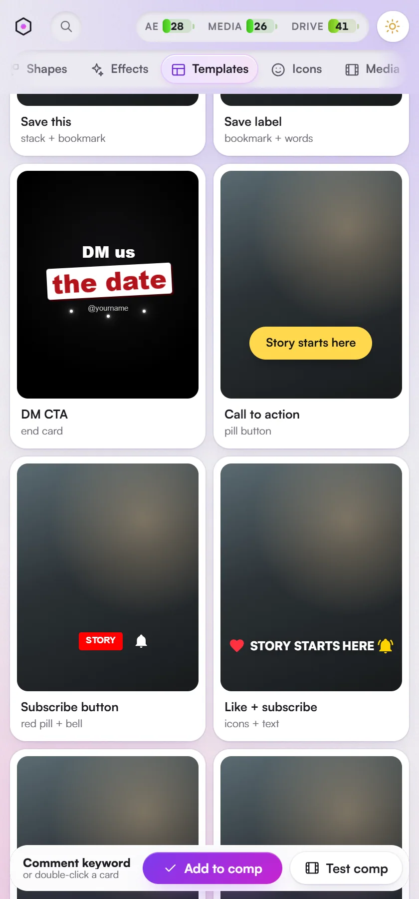 Templates, the Calls to action shelf: animated text template cards, each on its final frame.