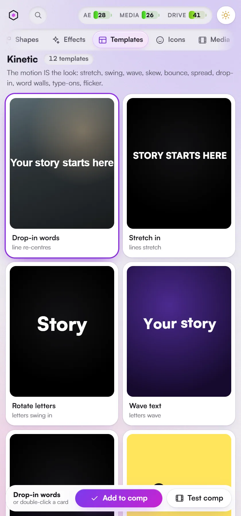 Templates, the Kinetic shelf: animated text template cards, each on its final frame.
