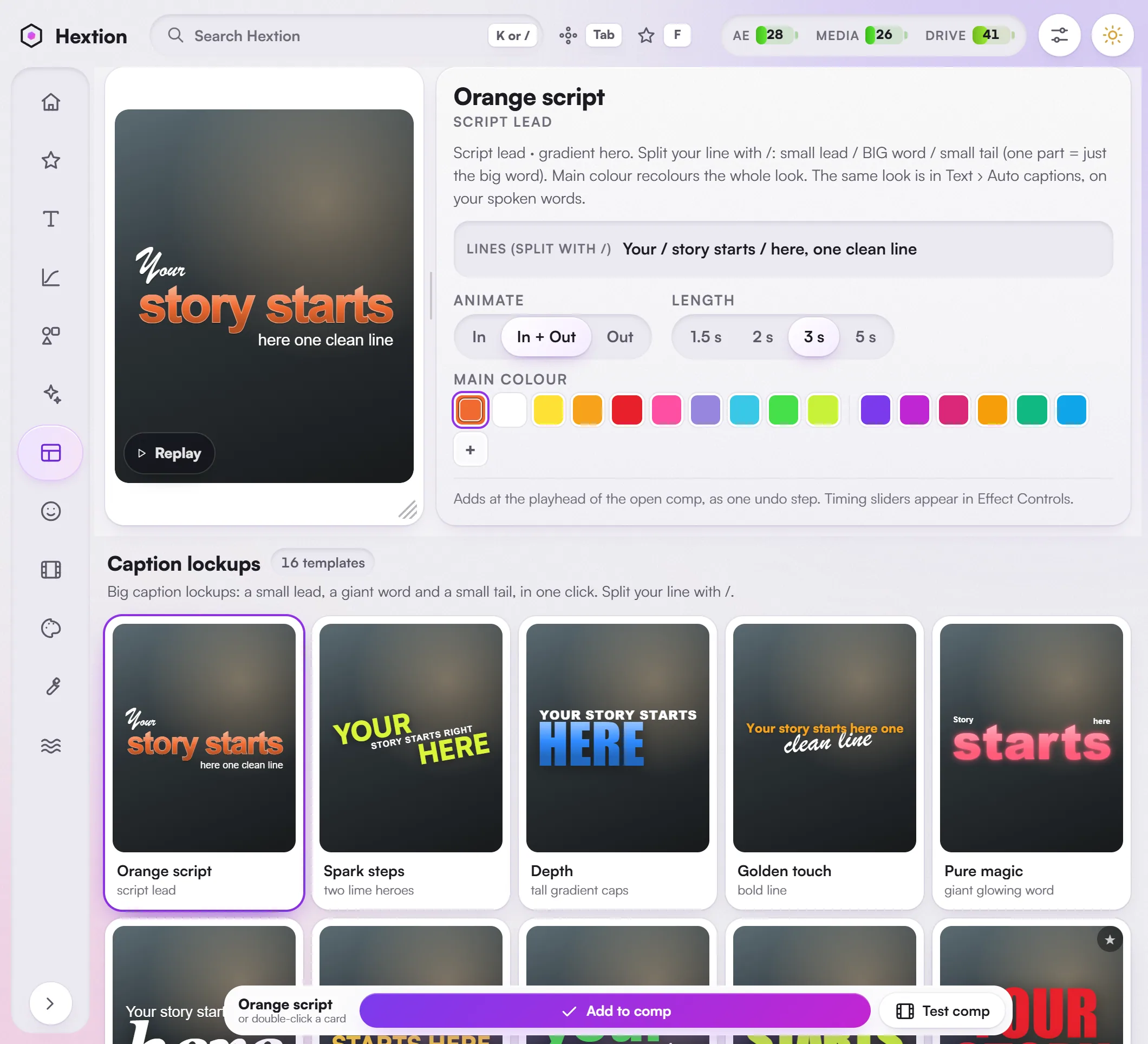 Templates: the live preview studio pinned above the Caption lockups shelf.