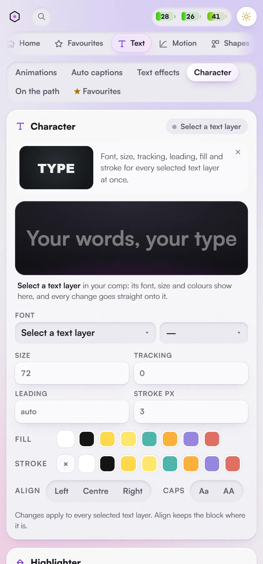 Text > Character: font, size, tracking, fill and stroke, every number a drag scrubber.